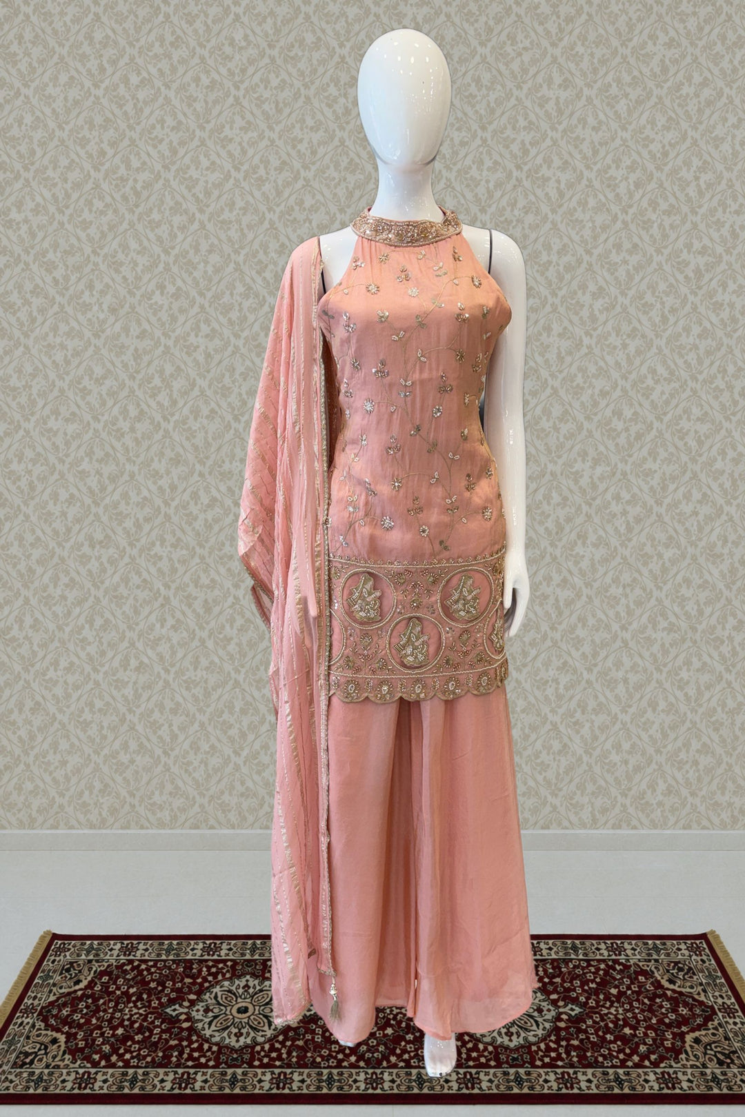 Peach Zari, Sequins and Beads work Palazzo Salwar Suit