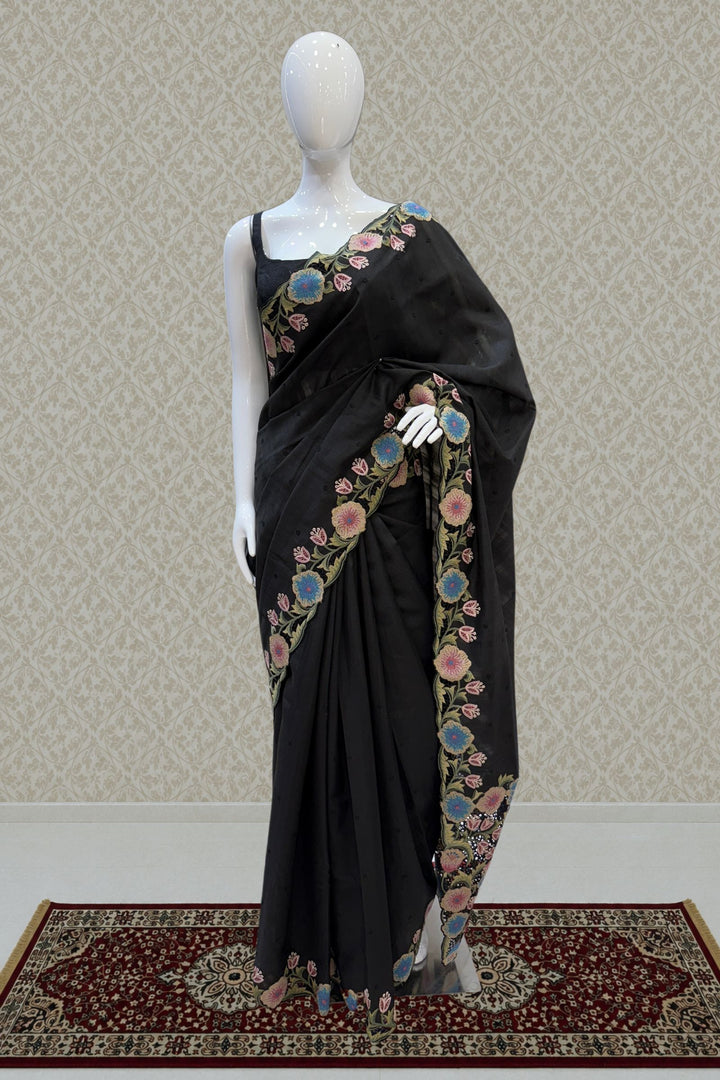 Black Multicolor Embroidery work Saree