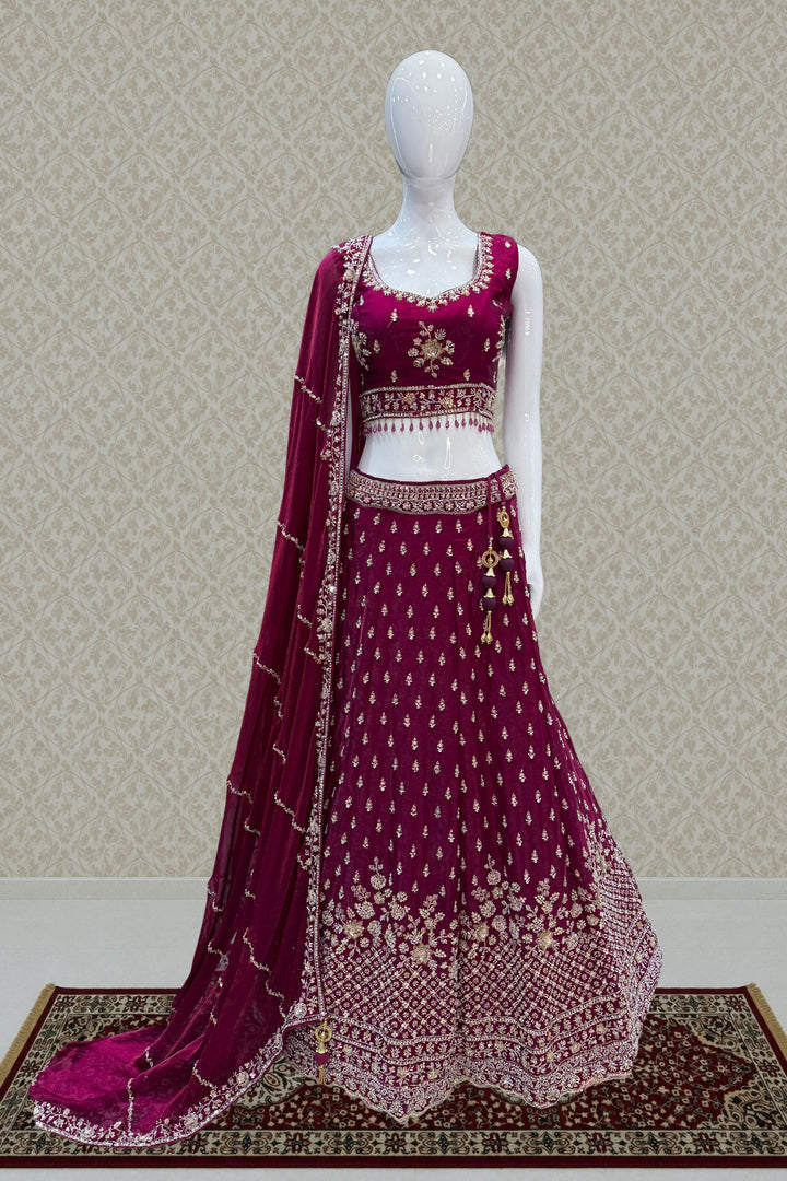 Magenta Beads, Zari and Sequins work Crop Top Bridal Lehenga