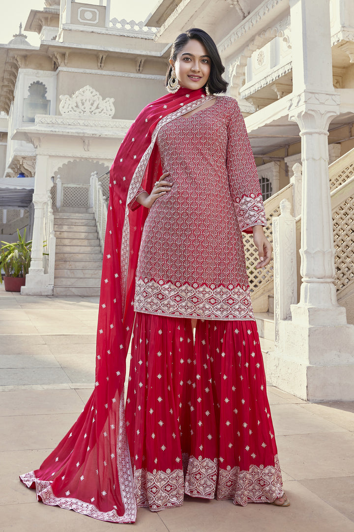 Rani Pink Embroidery and Sequins work Sharara Salwar Suit