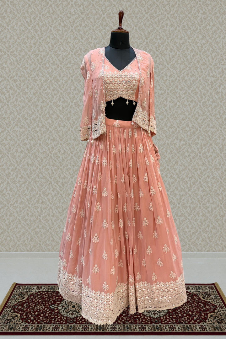 Peach Pearl, Stone, Sequins, Beads and Thread work Crop Top Lehenga with Cape