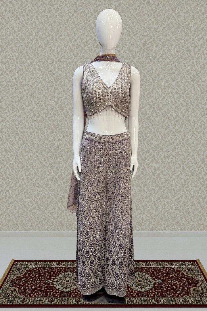 Lilac Zari, Sequins, Zardozi, Beads, Mirror and Stone work Crop Top with Palazzo Pant