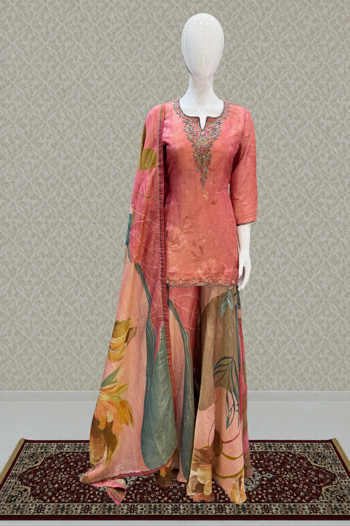 Peach Beads, Zardozi and Stone work with Multicolor Digital Print Palazzo Salwar Suit