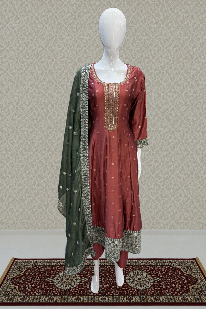 Woodrose Pink Beads, Zardozi, Thread, Sequins, Stone and Zari work A-line Cut Salwar Suit