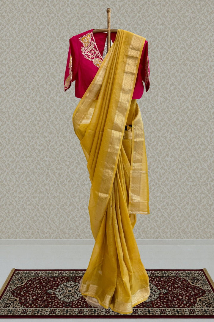 Yellow Zari work Saree with Gotapatti work Readymade Blouse