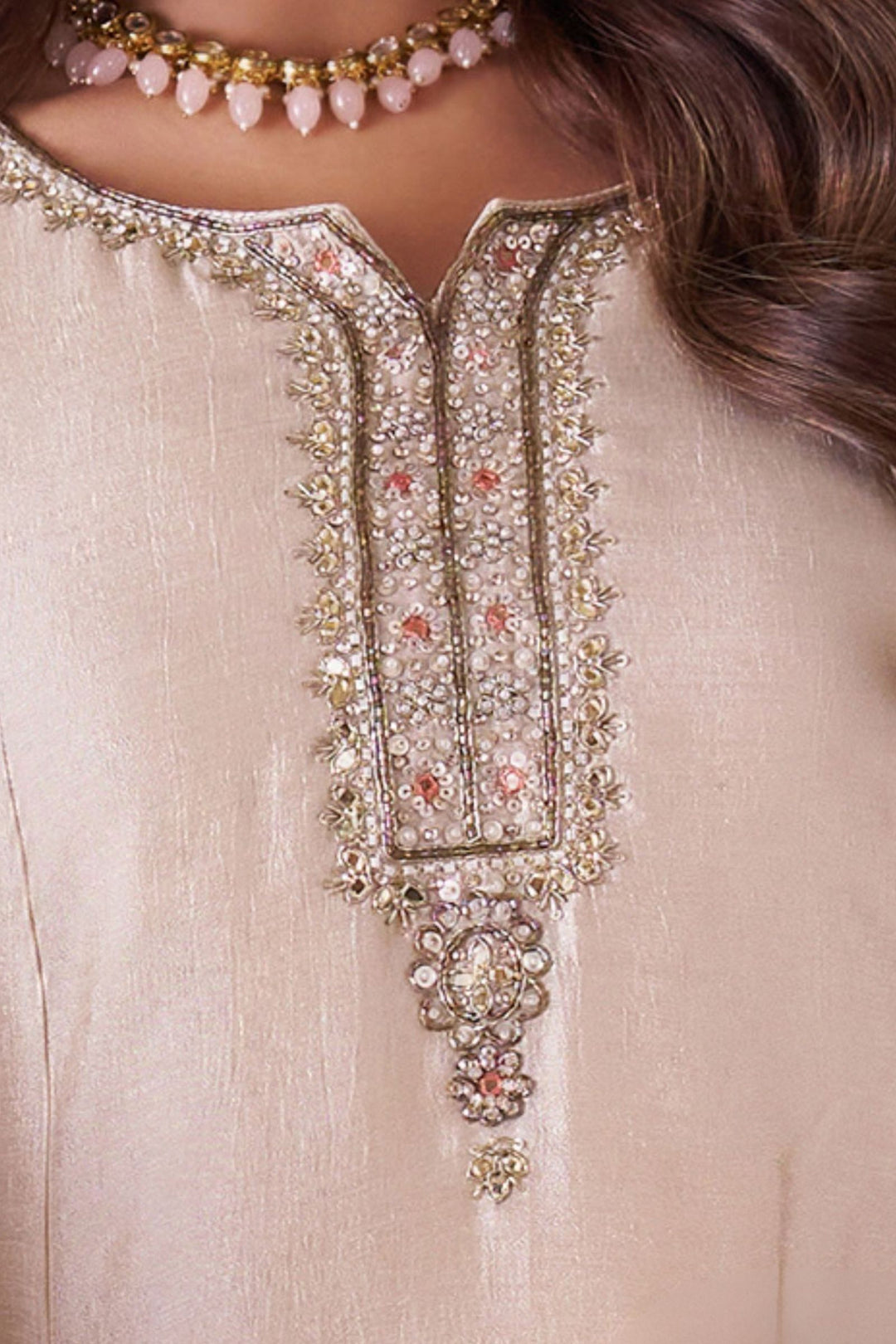 Beige Beads, Mirror, Zardozi, Zari and Sequins work A-line Cut Anarkali Styled Salwar Suit