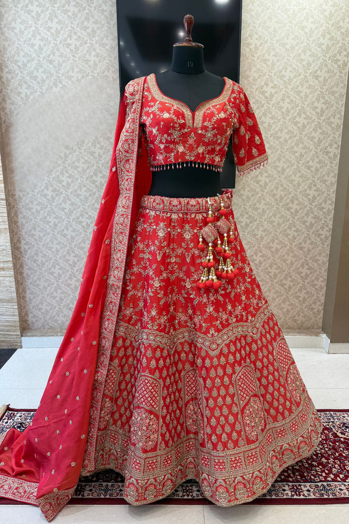 Tomato Red Beads, Zardozi, Sequins and Zari work Crop Top Designer Bridal Lehenga