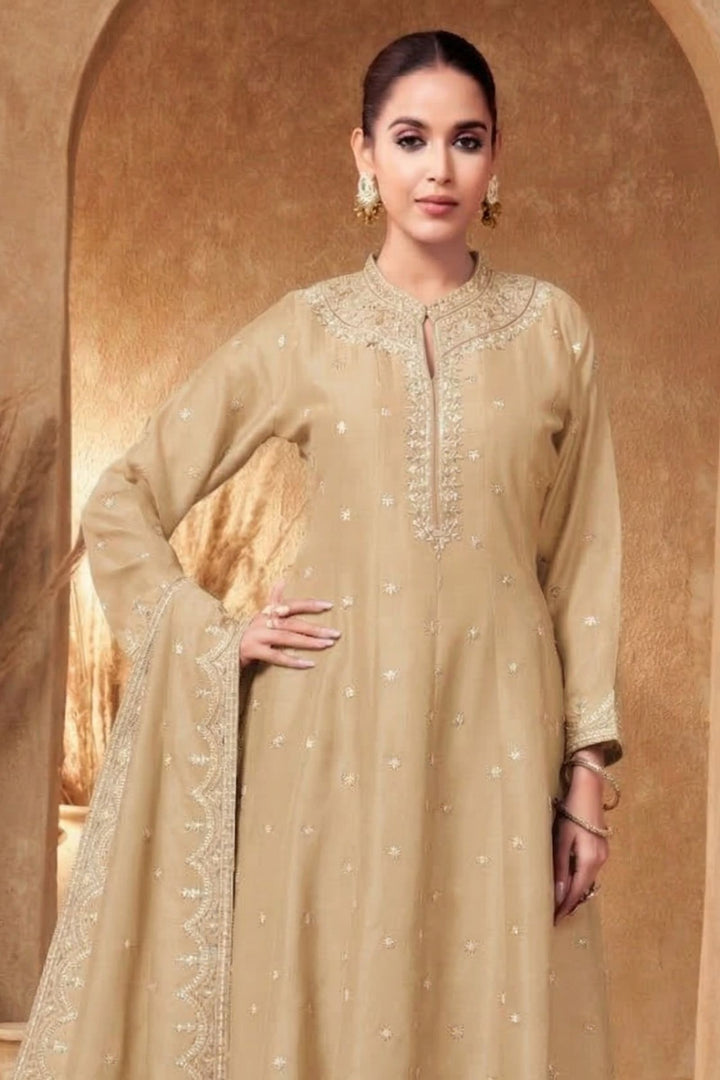 Beige Zari, Zardozi, Sequins and Stone work A-line Cut Salwar Suit