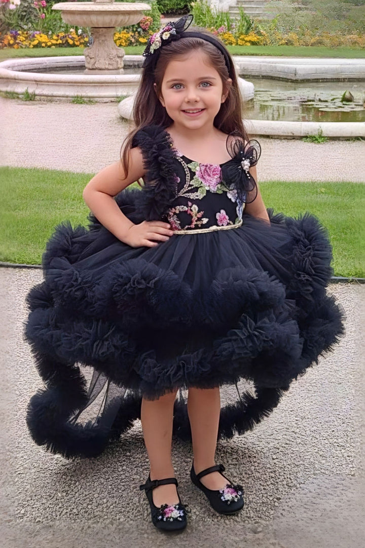 Black Sequins and Zari work Tail Cut Double Layered Partywear Frock for Girls