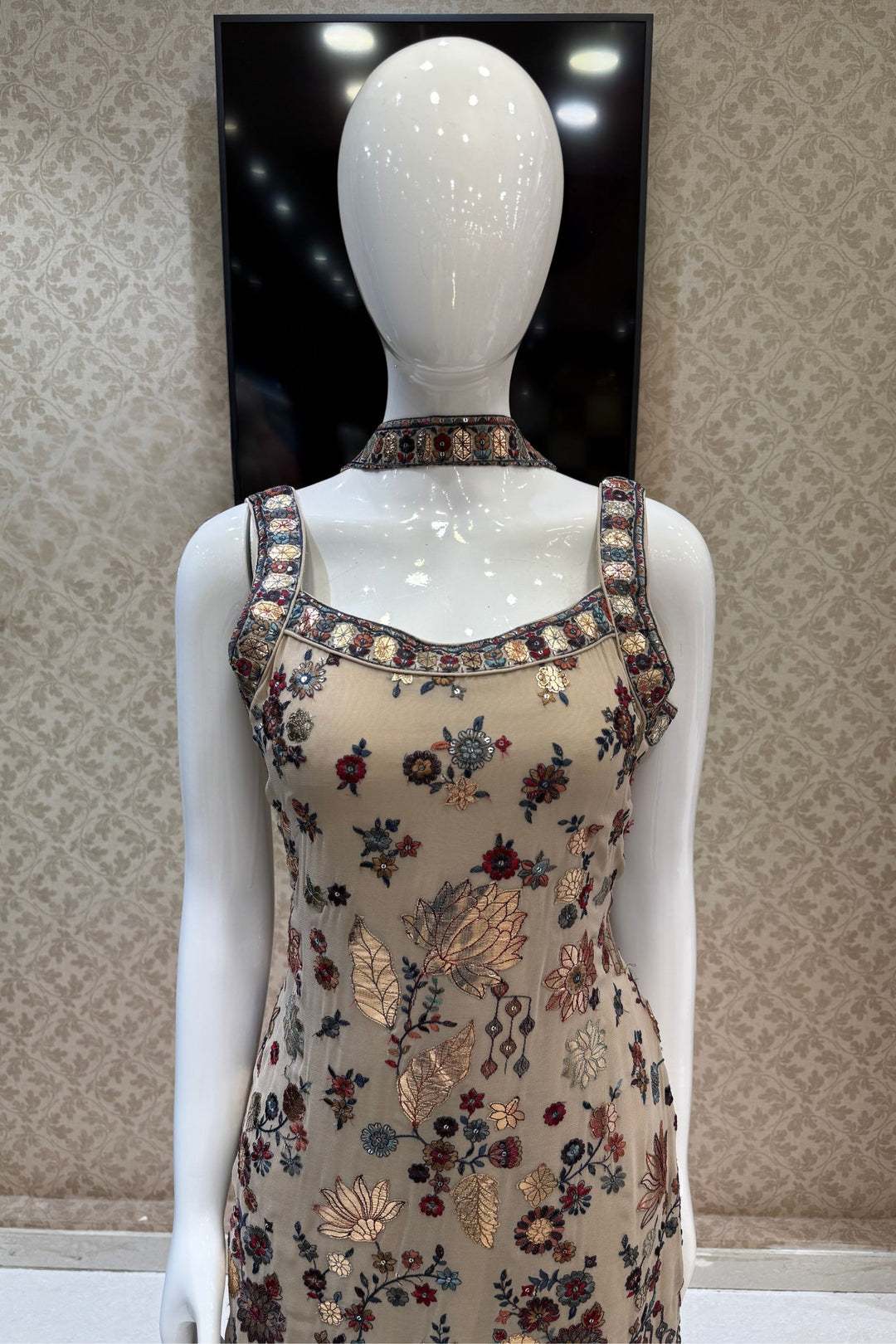 Chikoo Embroidery and Sequins work Straight Cut Salwar Suit