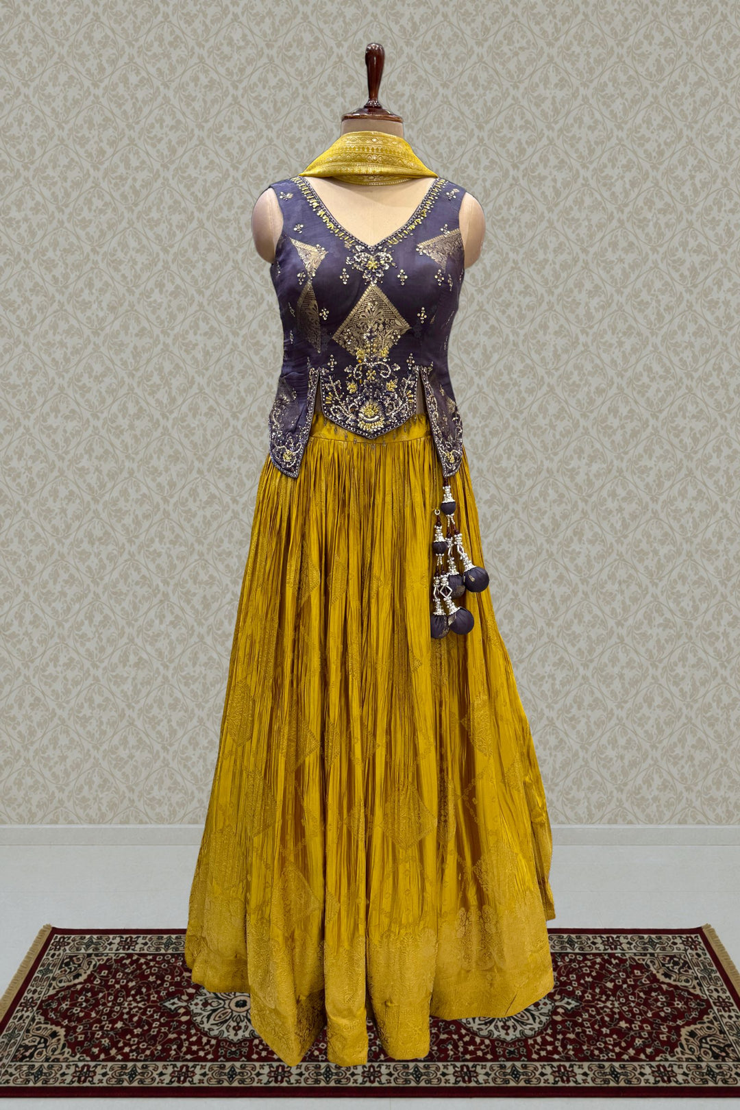 Dark Grey with Mustard Banaras, Mirror, Stone and Zari work Peplum Style Lehenga