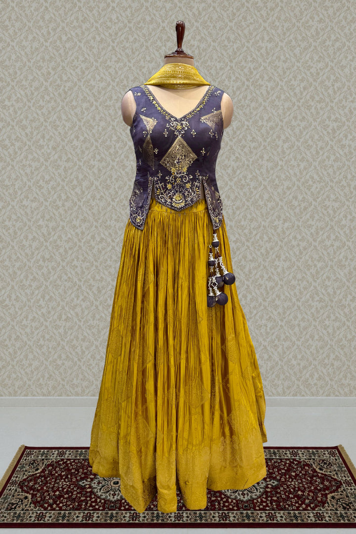 Dark Grey with Mustard Banaras, Mirror, Stone and Zari work Peplum Style Lehenga