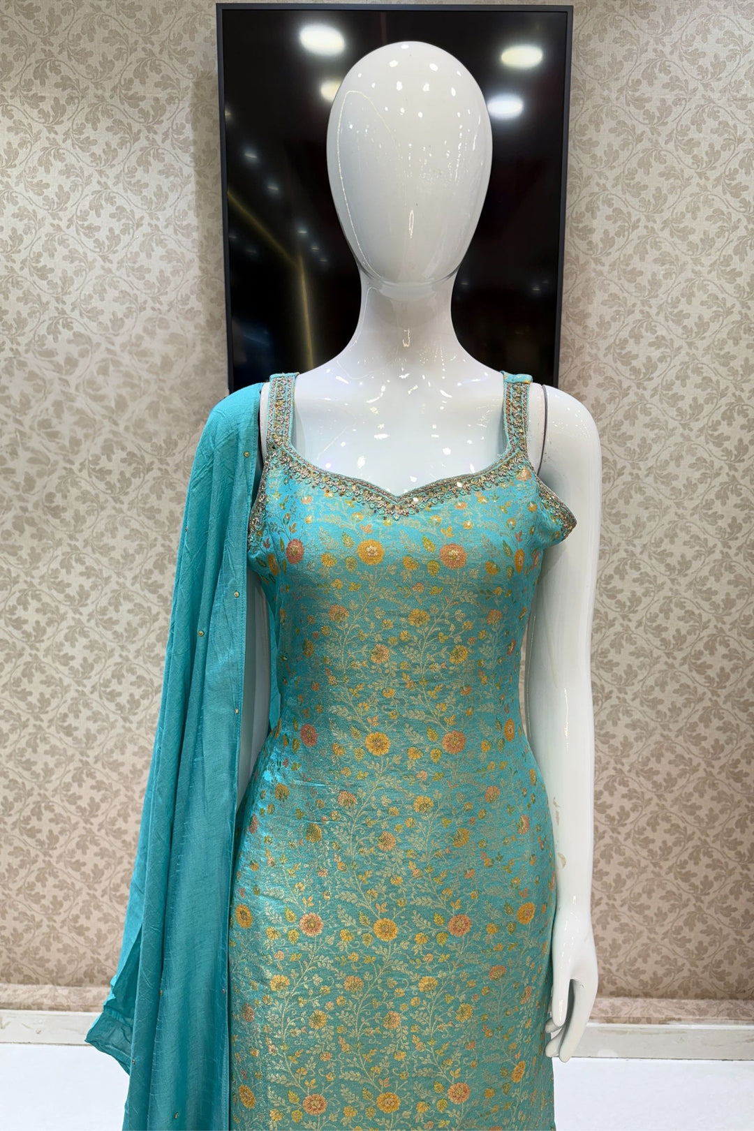 Sea Green Mirror, Zardozi, Stone, Beads and Brocade work Straight Cut Salwar Suit