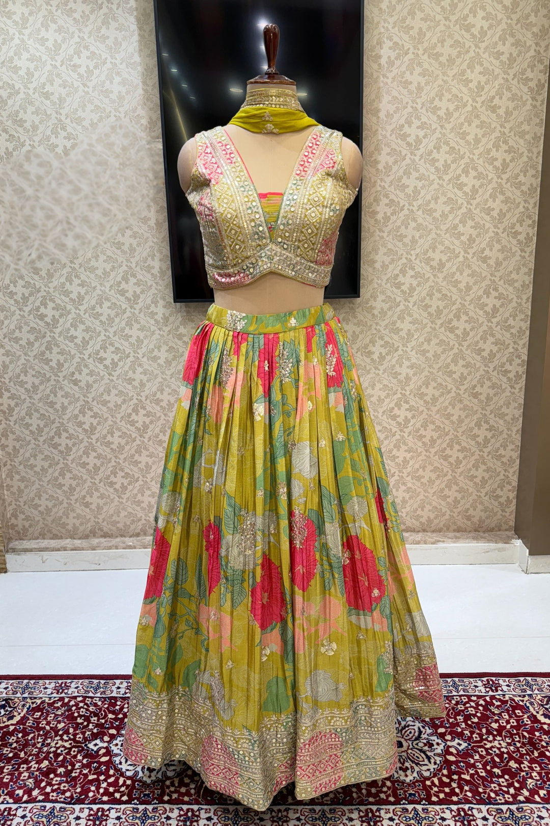 Liril Green Sequins and Zari work with Multicolor Digital Print Crop Top Lehenga