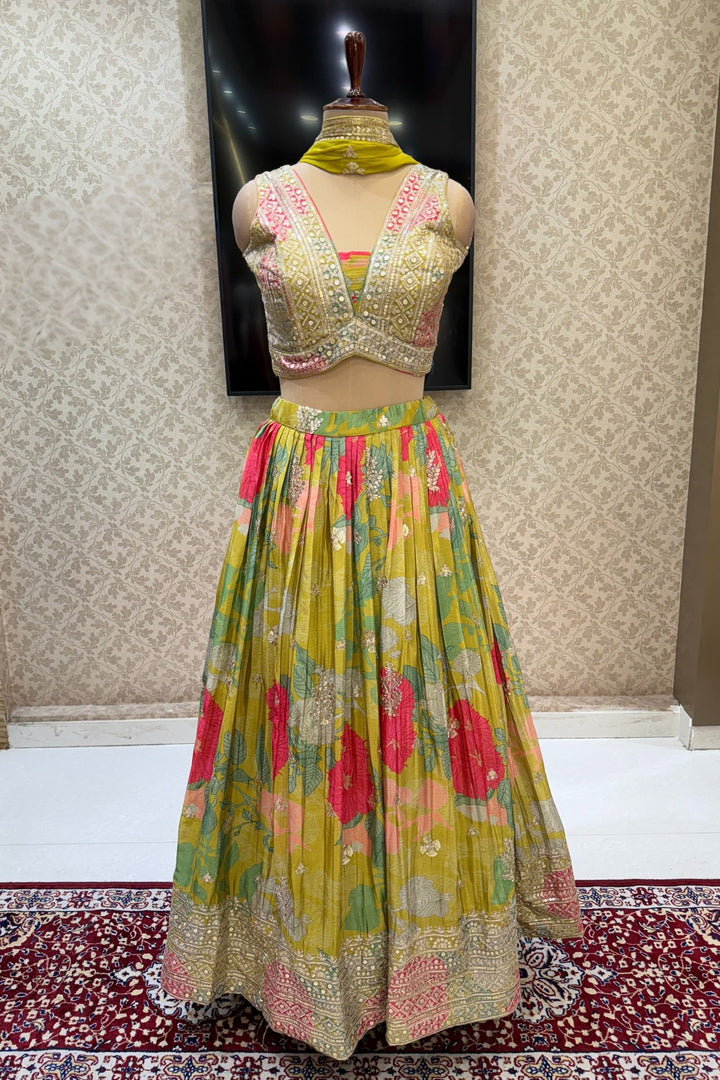 Liril Green Sequins and Zari work with Multicolor Digital Print Crop Top Lehenga