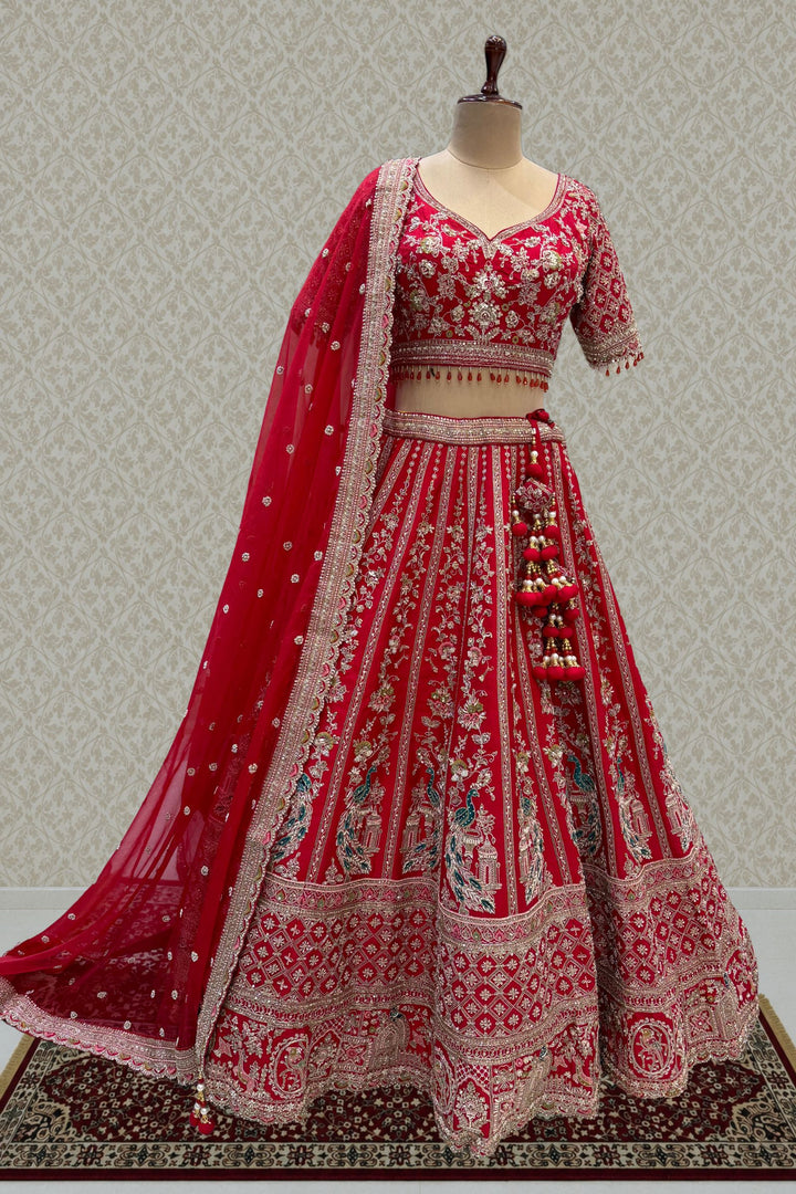 Red Handcrafted Bridal Lehenga with Intricate Zardozi, Sequins, Pearl and Zari Detailing