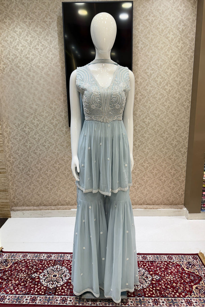 Sky Blue Beads, Sequins and Thread work Peplum Top with Sharara Suit Set