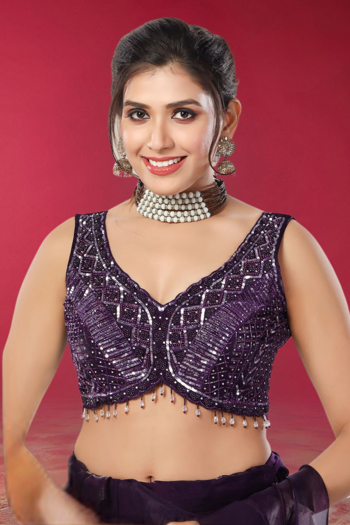 Purple Sequins, Beads and Stone work Crop Top Lehenga