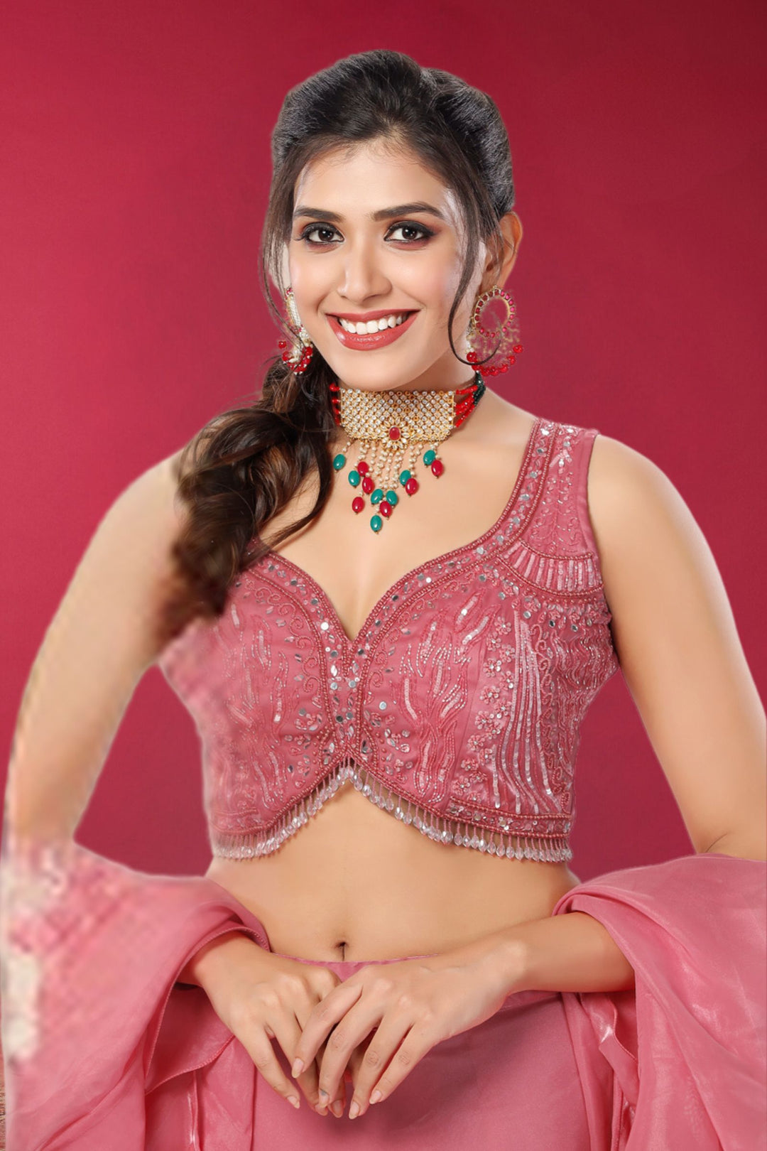 Onion Pink Sequins, Beads and Mirror work Crop Top Lehenga