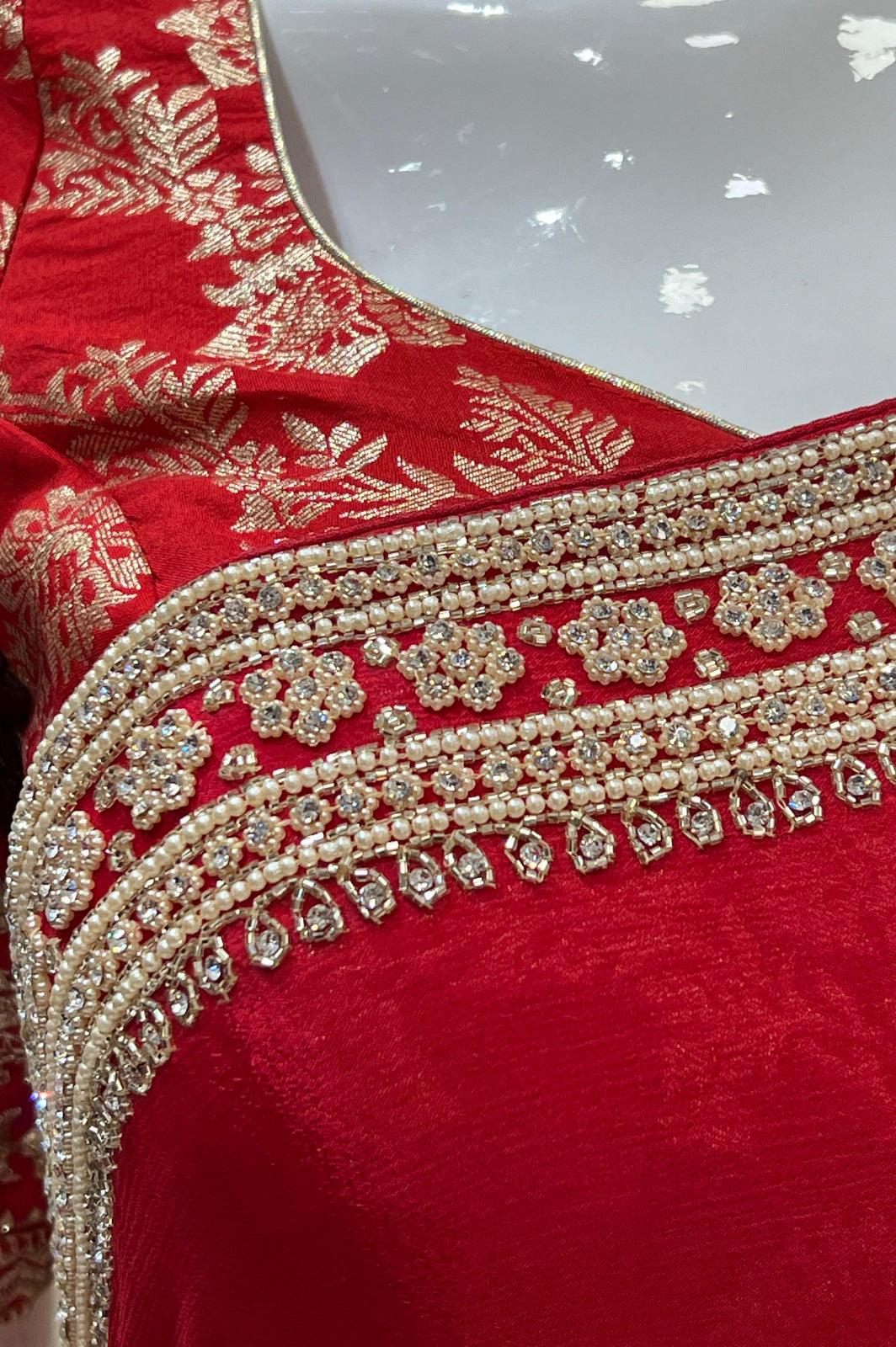 Red Stone, Pearl and Beads work Saree with Matching Unstitched Designer Blouse - Seasons Chennai