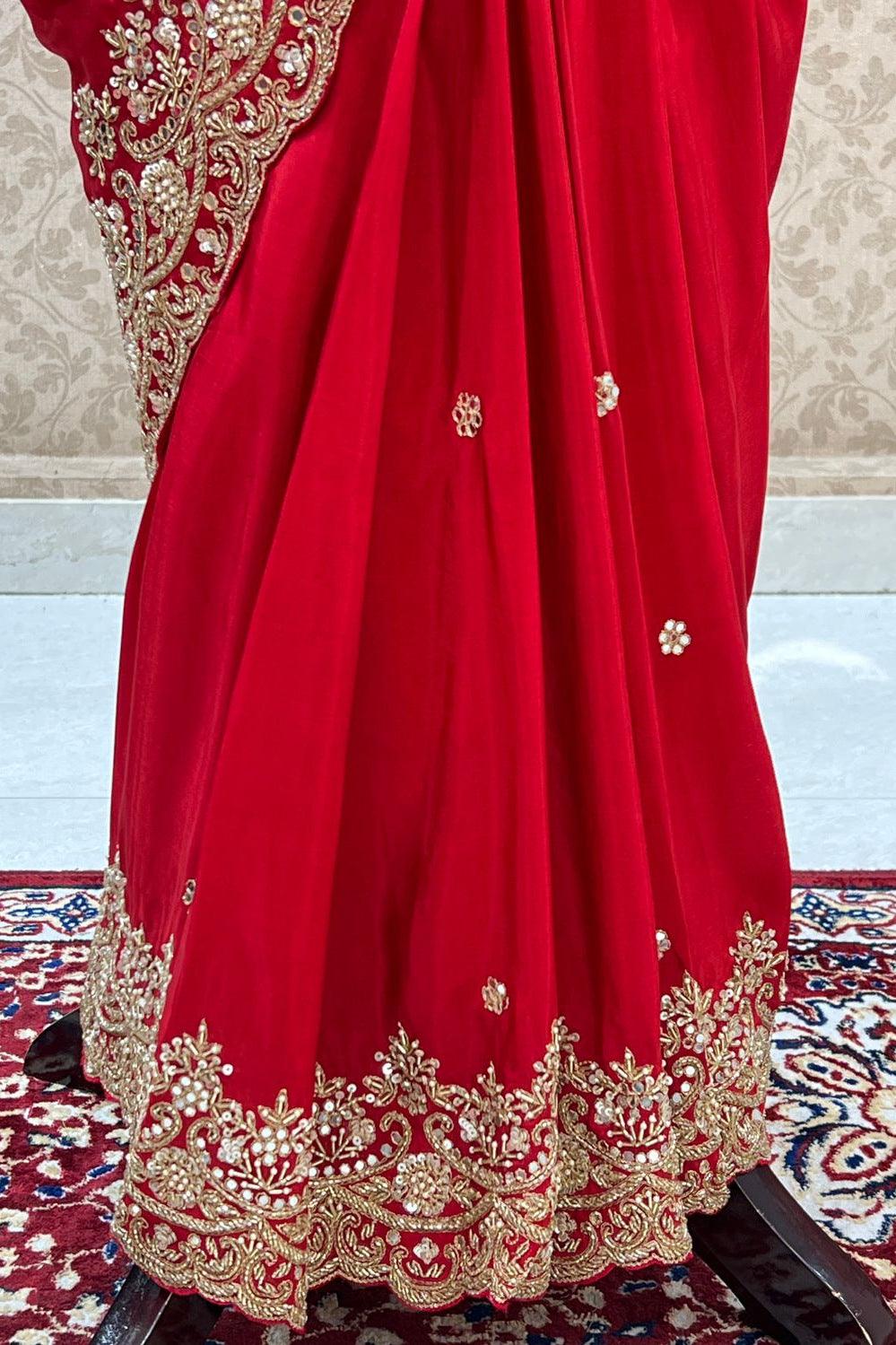 Wine Red Embroidery Organza Saree | Singhania's