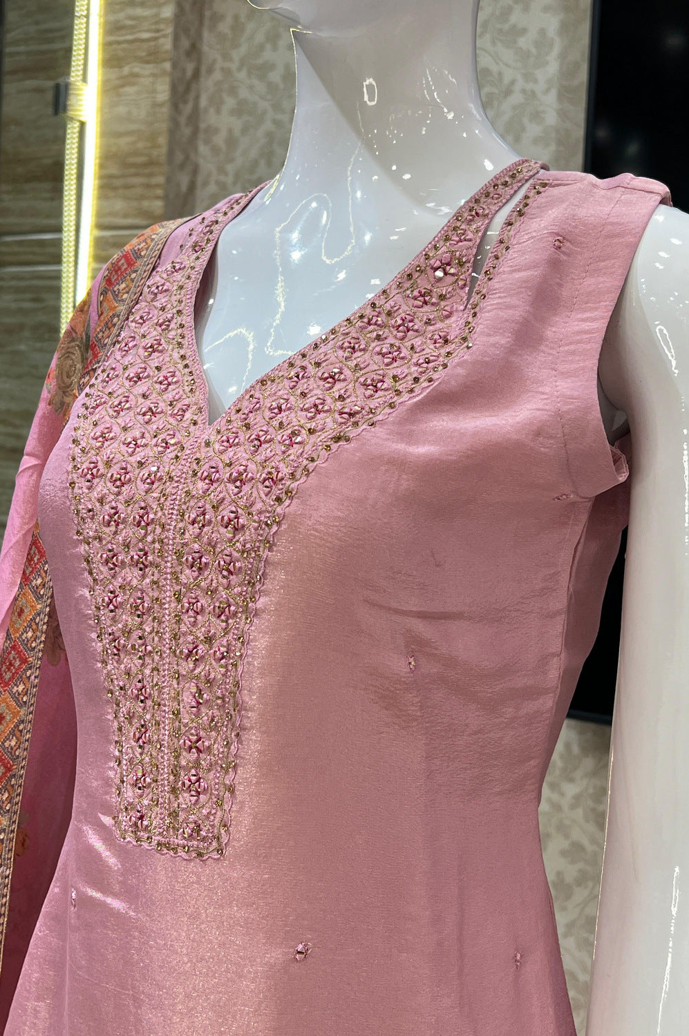 Onion Pink Mirror, Stone and Thread work Straight Cut Salwar Suit with Floral Print Dupatta