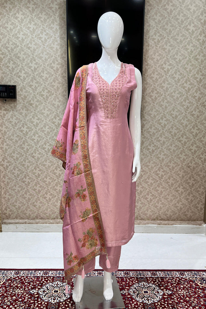 Onion Pink Mirror, Stone and Thread work Straight Cut Salwar Suit with Floral Print Dupatta