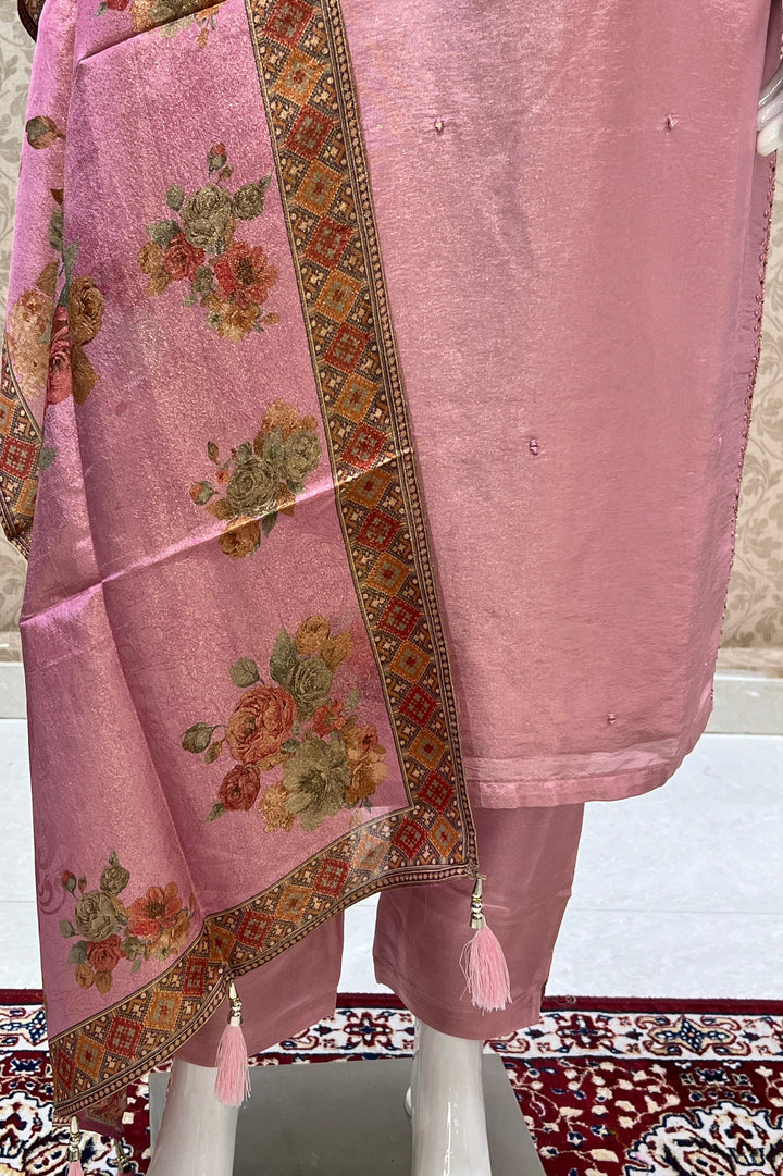 Onion Pink Mirror, Stone and Thread work Straight Cut Salwar Suit with Floral Print Dupatta