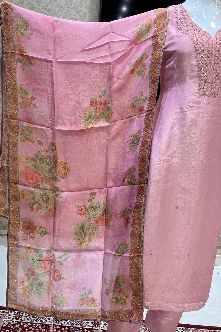 Onion Pink Mirror, Stone and Thread work Straight Cut Salwar Suit with Floral Print Dupatta