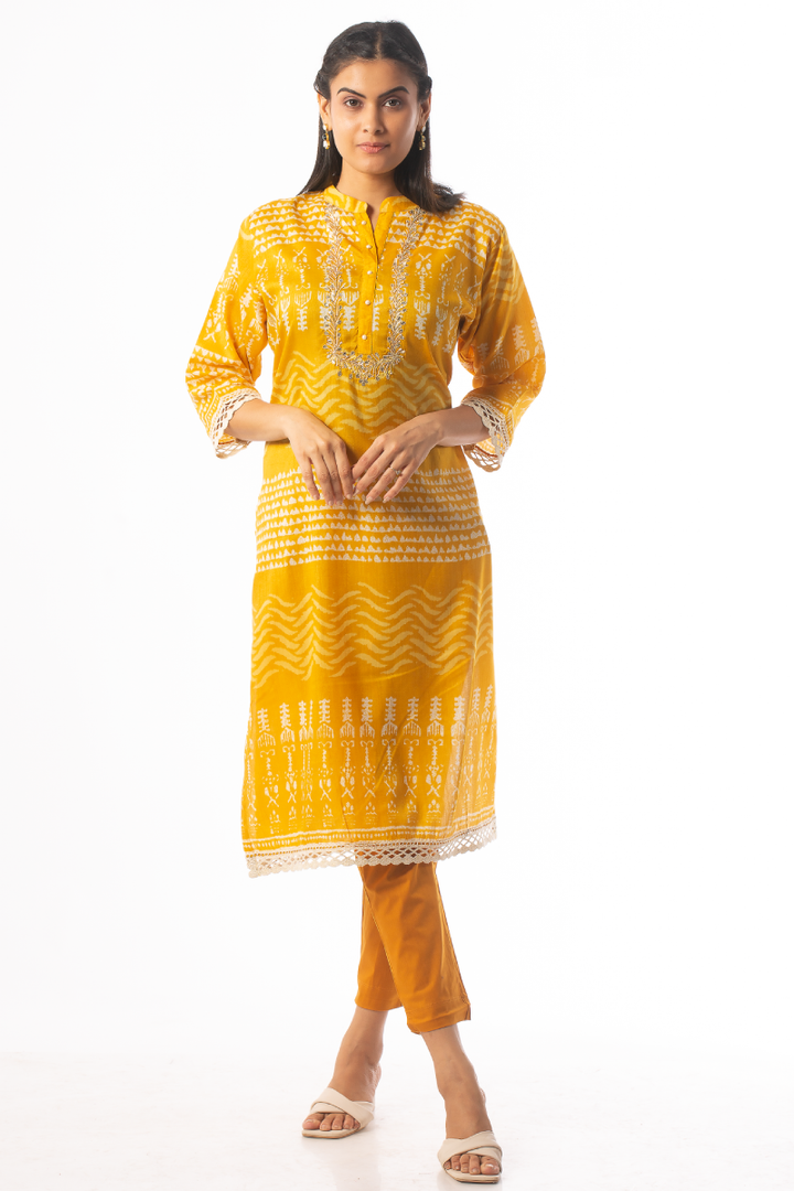 Yellow with Digital print, Zardozi and Zari work Calf Length Kurti