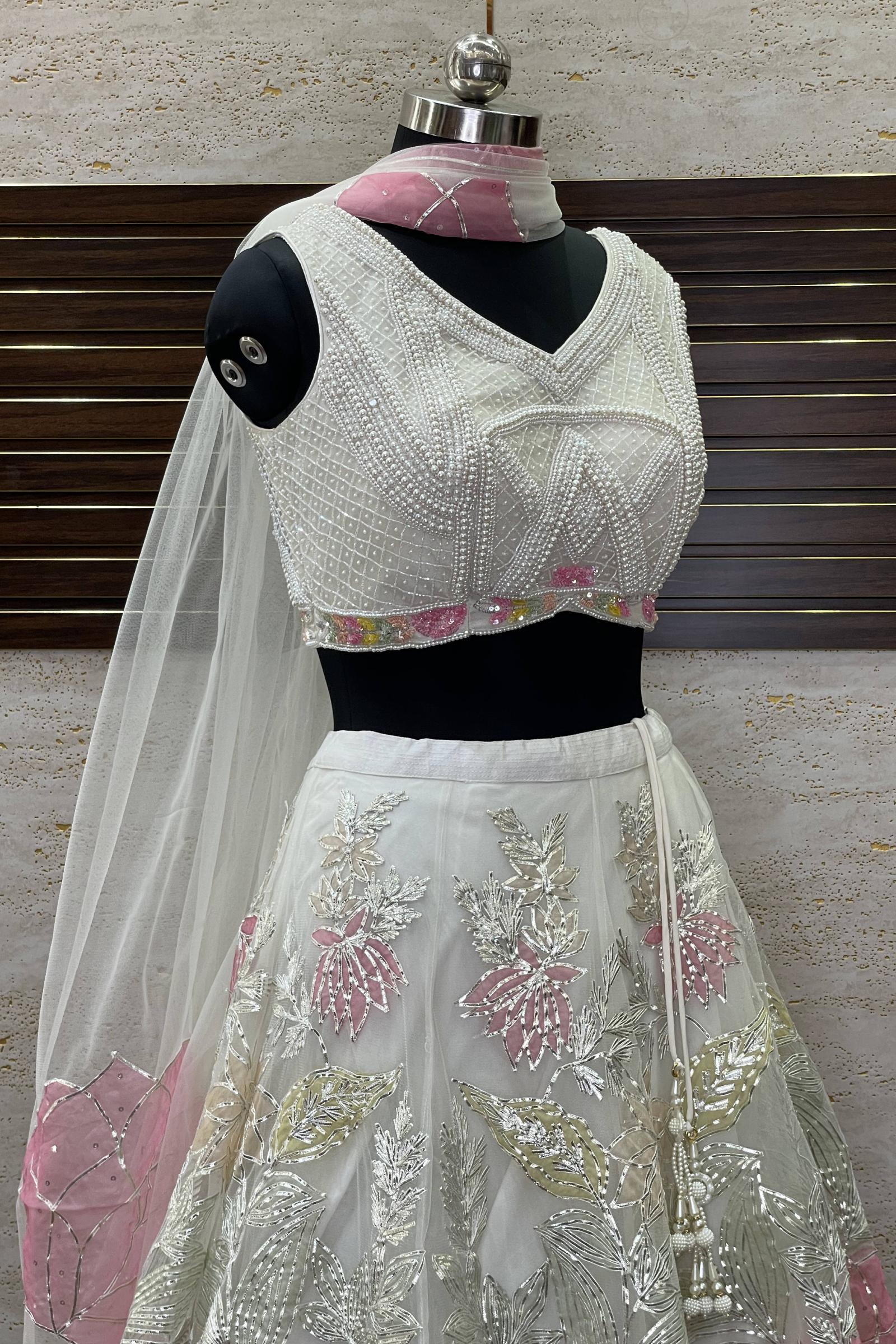 Delightful White Georgette Base 9MM Sequence Work Designer Lehenga Choli –  Kaleendi