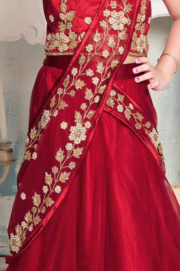 Tomato Red with Stone and Bead work Half Saree Styled Lehenga Choli for Girls - 4