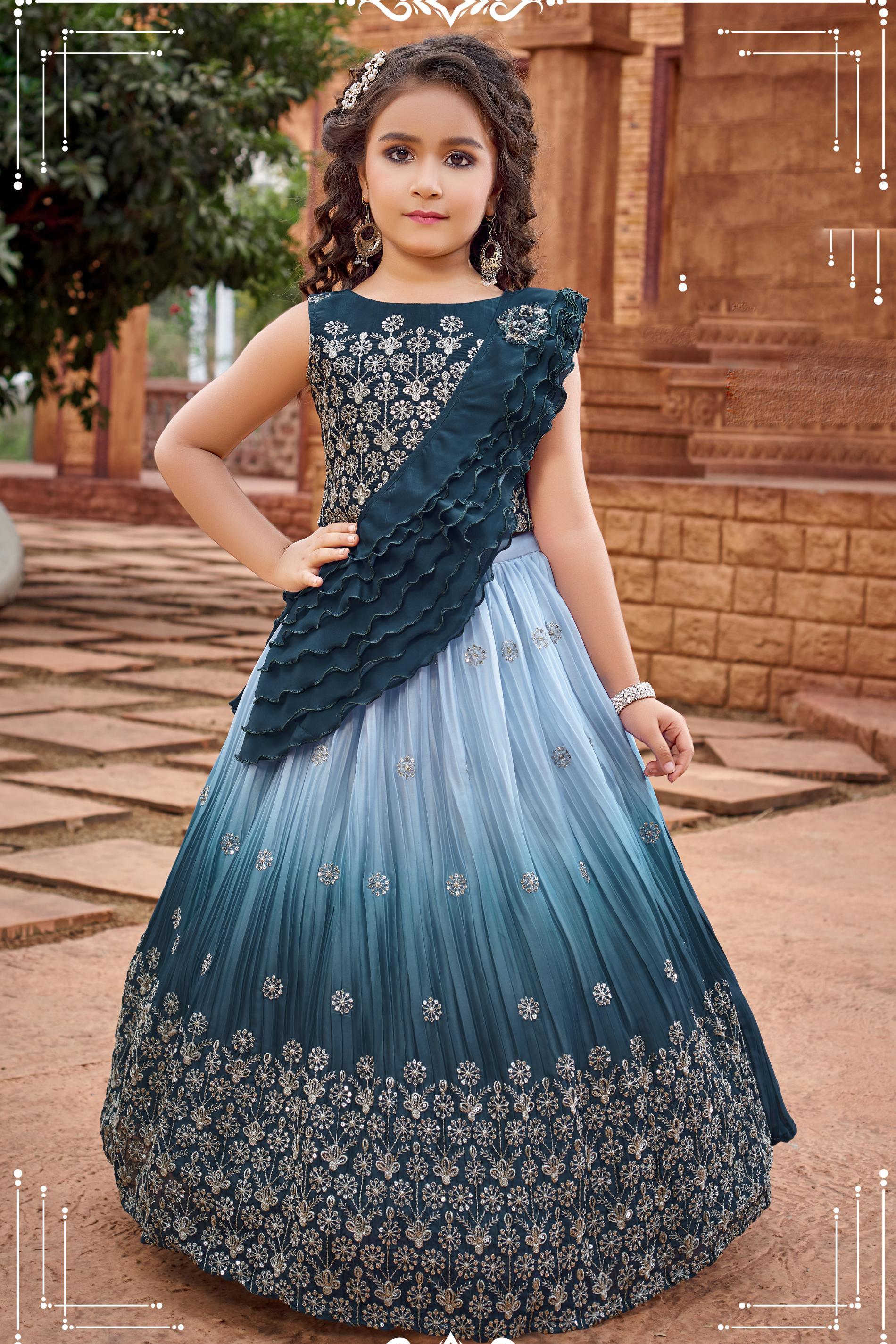 Electric Blue Lehenga Detailed in Gold & Silver Metalic Sequence Work –  archerslounge