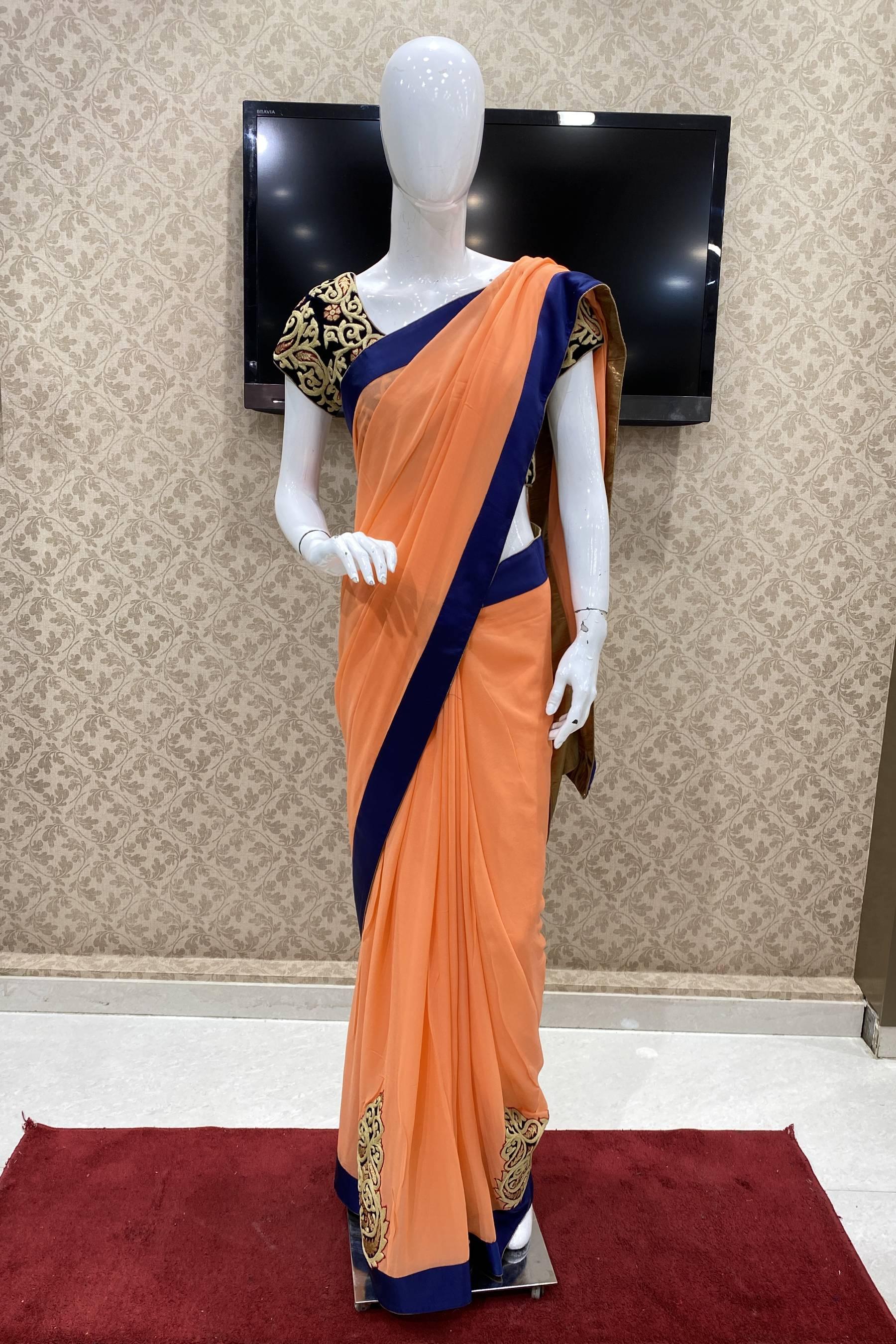 Orange And Blue Stone Satin Designer Saree -