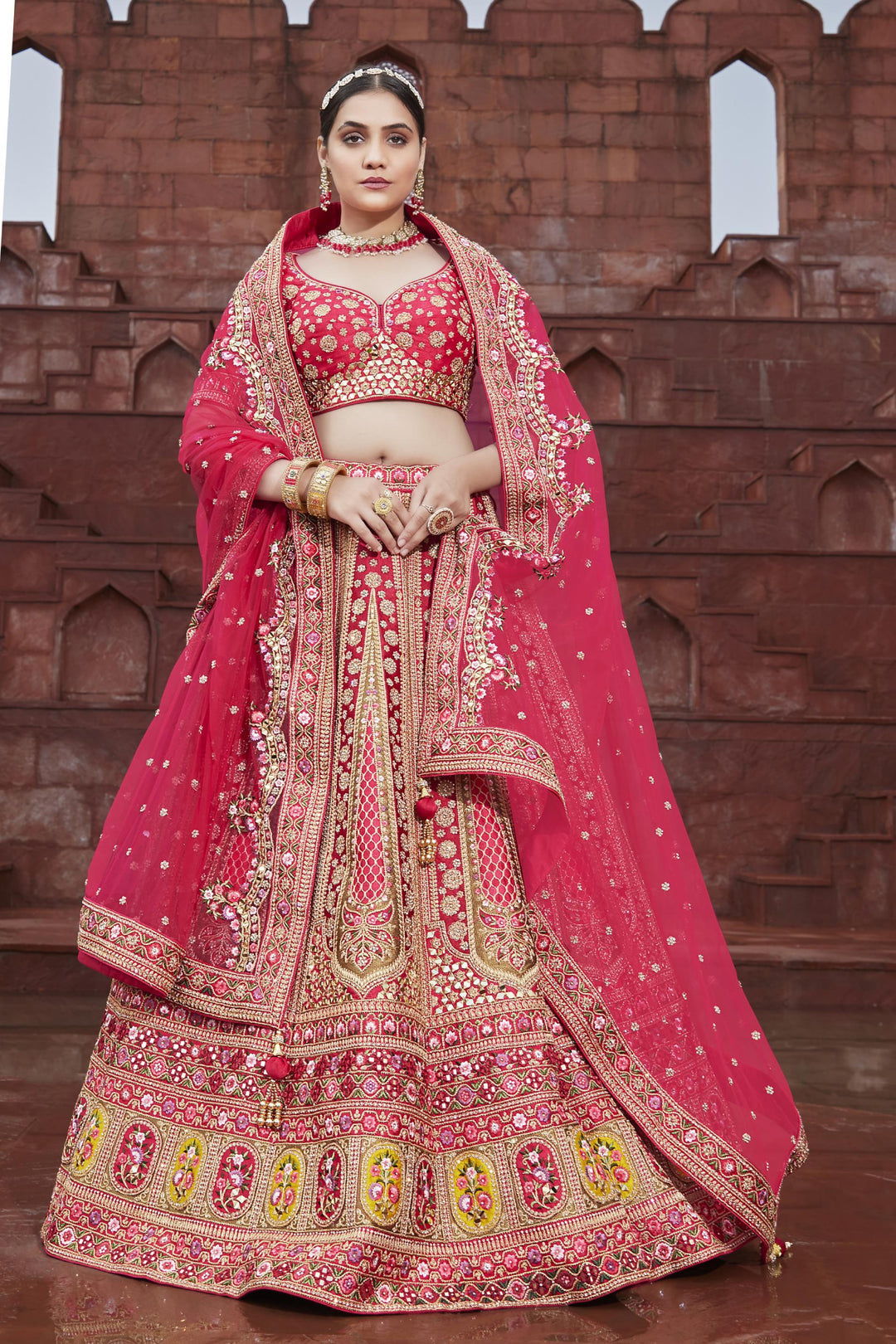 Bridal Lehanga Red Multicolor Thread, Zari, Stone and Mirror work