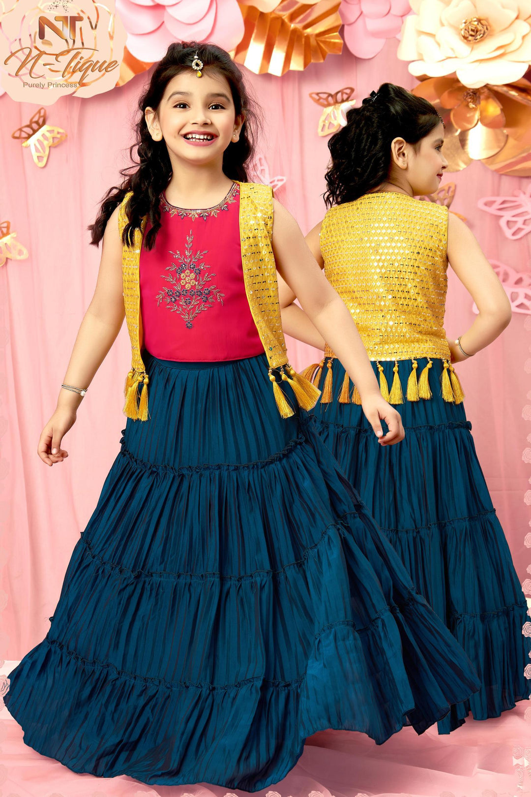 Peacock Blue and Rani Pink with Yellow Overcoat Style Lehenga