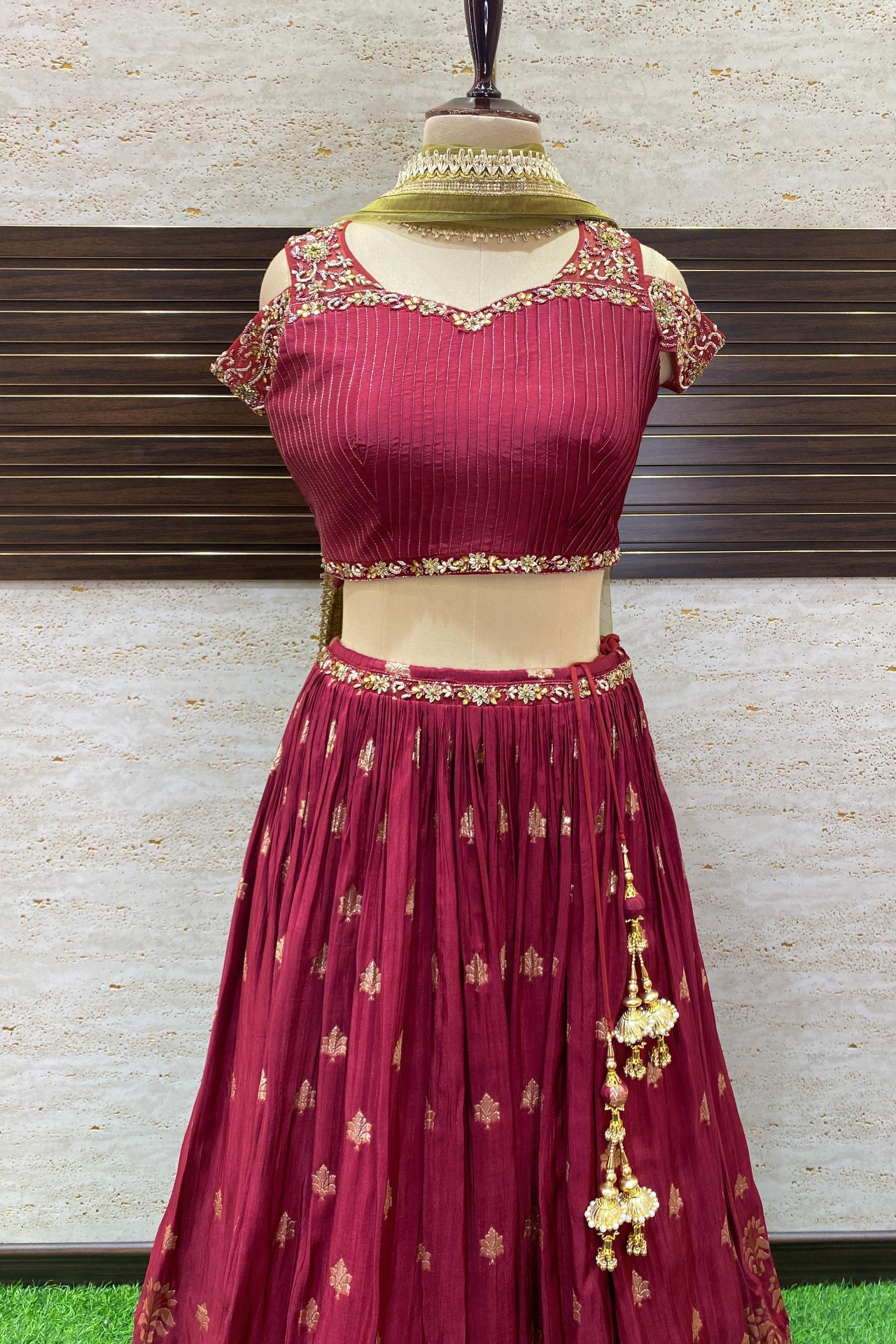 Maroon Three Layers Crop Top Lehenga Choli at Rs 2,599 / Piece in Surat |  FABZONE