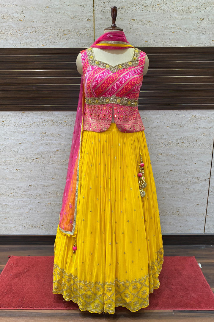 Pink with Yellow Bandini Print and Sequins work Peplum Style Crop Top Lehenga - 1