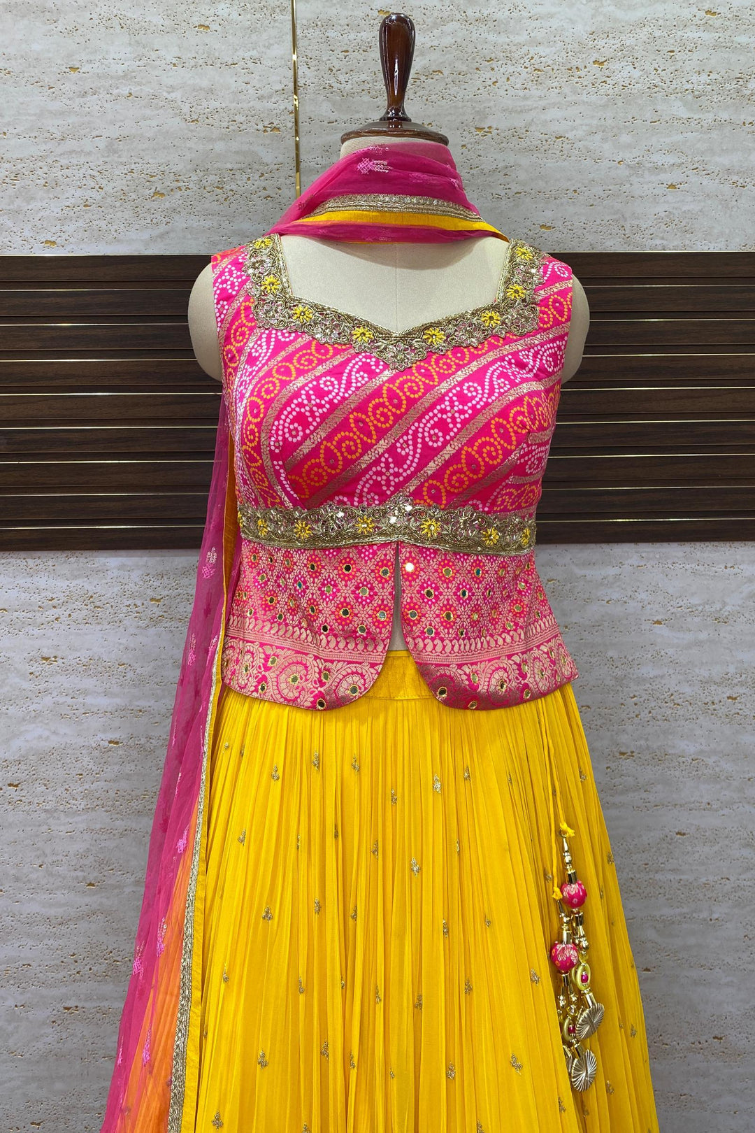 Pink with Yellow Bandini Print and Sequins work Peplum Style Crop Top Lehenga - 2