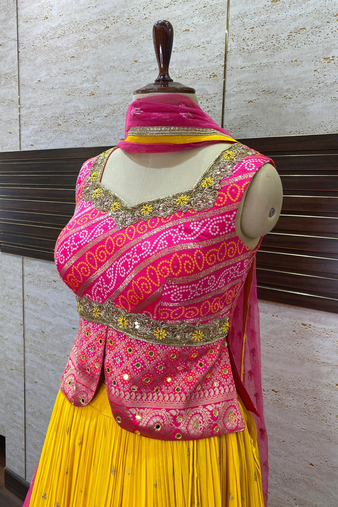 Pink with Yellow Bandini Print and Sequins work Peplum Style Crop Top Lehenga - 3