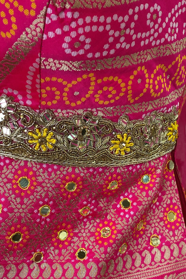 Pink with Yellow Bandini Print and Sequins work Peplum Style Crop Top Lehenga - 4