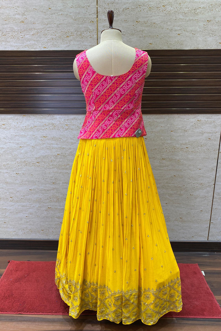 Pink with Yellow Bandini Print and Sequins work Peplum Style Crop Top Lehenga - 7