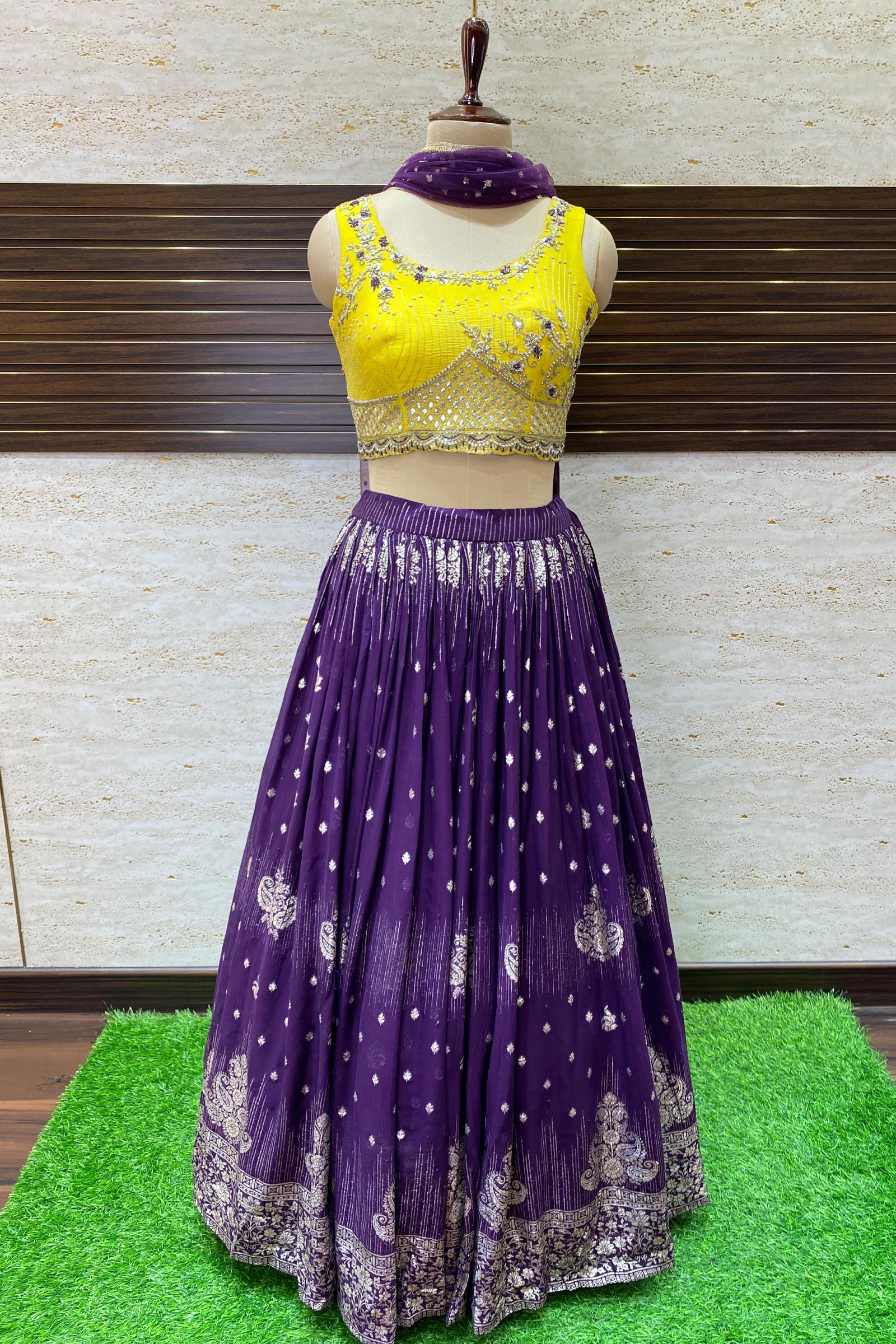 Purple And Yellow Designer Silk Lehenga Choli | Silk lehenga, Indian  outfits lehenga, Lehenga choli