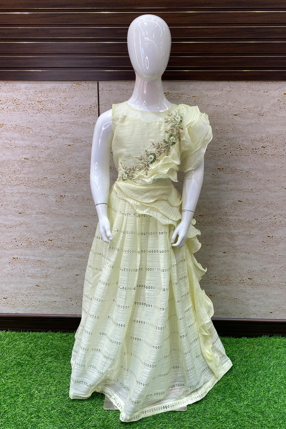 Yellow Stone, Beads and Thread work with Golden Zari weaving Long Party Gown for Girls - Seasons Chennai