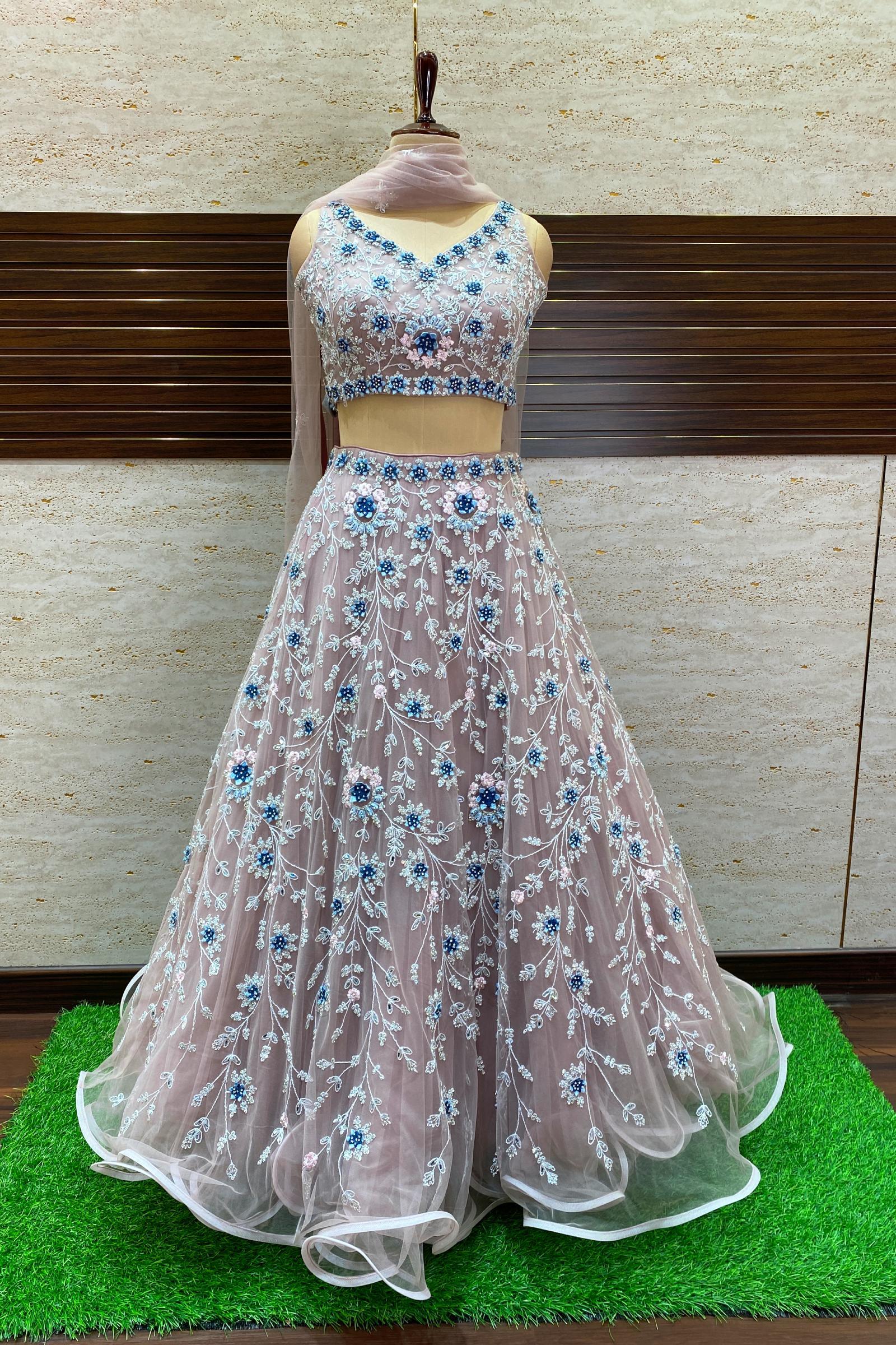 Buy Blue Lehenga & Crop Top with Organza Ruffles and Woven Design for Girls