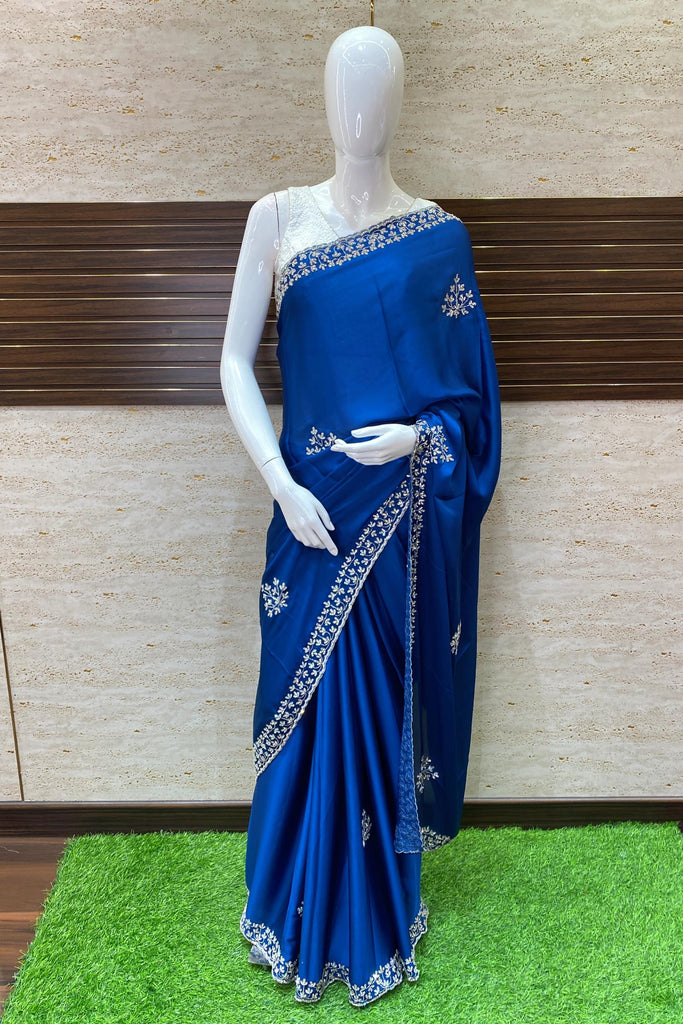 Teal Blue Satin Georgette Fancy Saree Online | Colorauction