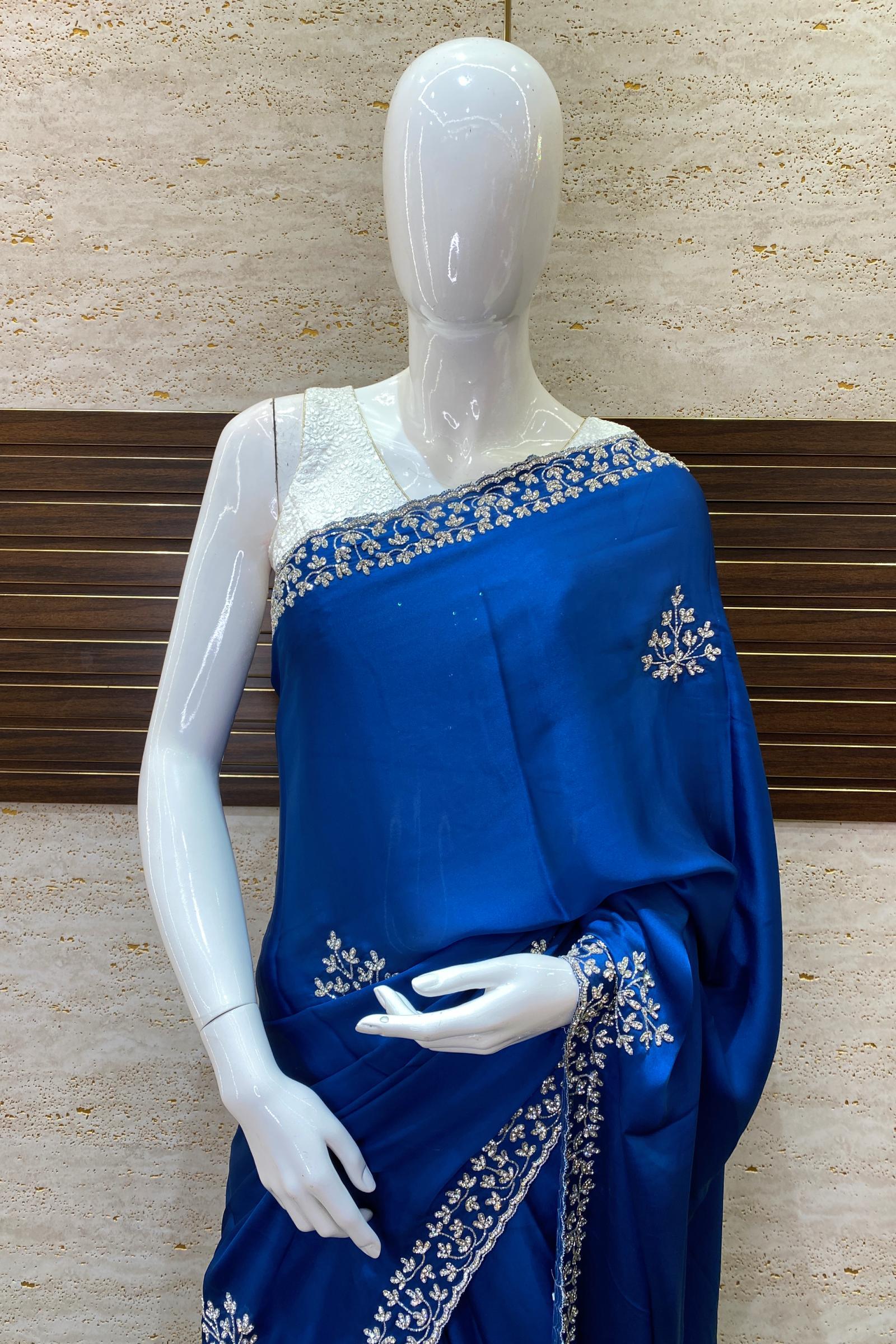 Shloka Khialani Marina Pre-draped Saree With Blouse | Blue, Metallic  Striped, Georgette, V Neck, Sheer Sleeves | Blouse designs indian, Saree,  Lace saree blouse