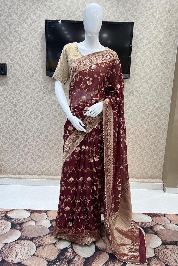 Traditional Golden Zari Border Chiffon Maroon Saree For Girls/Women