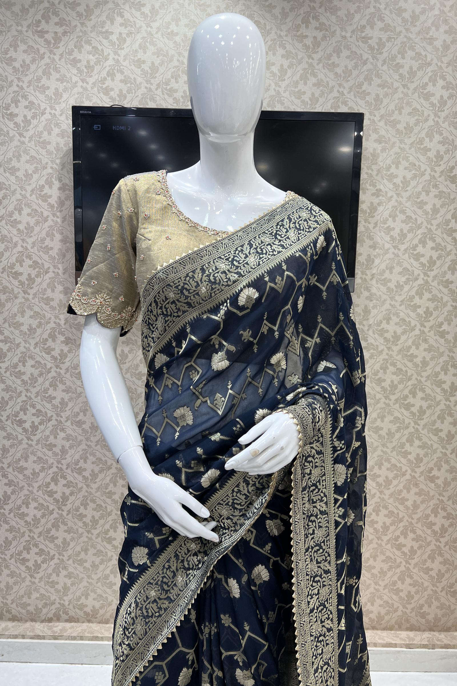 Saree Mall Navy Cotton Linen Woven Saree With Unstitched Blouse