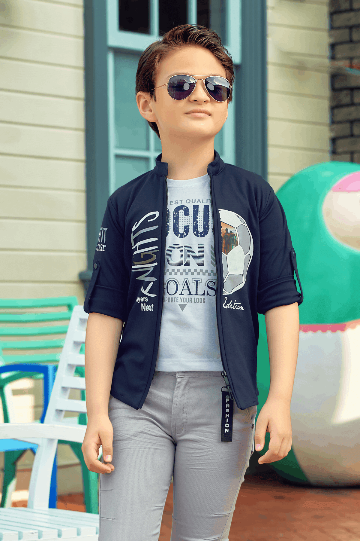Navy Blue Blazer with White T-Shirt and Grey Pant Set for Boys 1-2 Y (1)